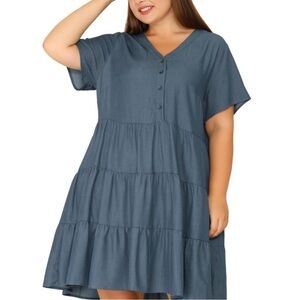 Agnes Orinda Women’s Tiered Babydoll Short Sleeve Chambray MIDI Dress 2X Plus